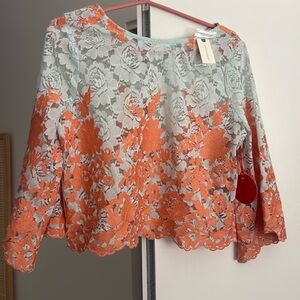 Anthropologie/ Eva Franco Lace Floral Blouse - Orange and Light Blue